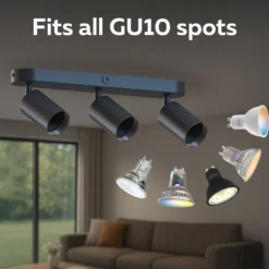Calex GU10-Deckenspot, schwarz, Länge 37 cm, 3-flg., Metall