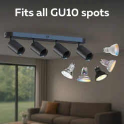 Calex GU10-Deckenspot, schwarz, Länge 49 cm, 4-flg., Metall