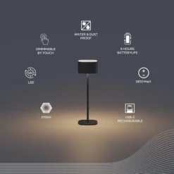 Calex LED-Akku-Tischleuchte Serino, schwarz, Alum, 2.700 K