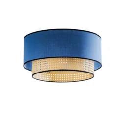 Deckenlampe Boho, blau/holz/schwarz, Ø 45 cm, Textil/Rattan