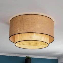 Deckenlampe Boho, braun/holz/schwarz, Ø 60 cm, Textil/Rattan
