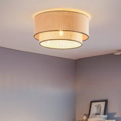 Deckenlampe Boho, braun/holz/schwarz, Ø 45 cm, Textil/Rattan