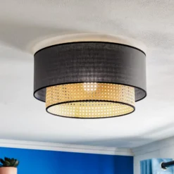 Deckenlampe Boho, schwarz/holz, Ø 45 cm, Textil/Rattan