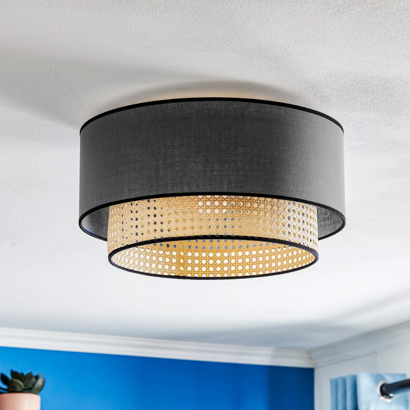 Deckenlampe Boho, schwarz/holz, Ø 45 cm, Textil/Rattan