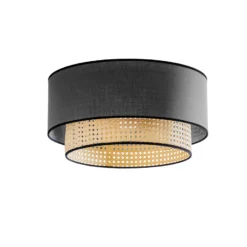 Deckenlampe Boho, schwarz/holz, Ø 45 cm, Textil/Rattan