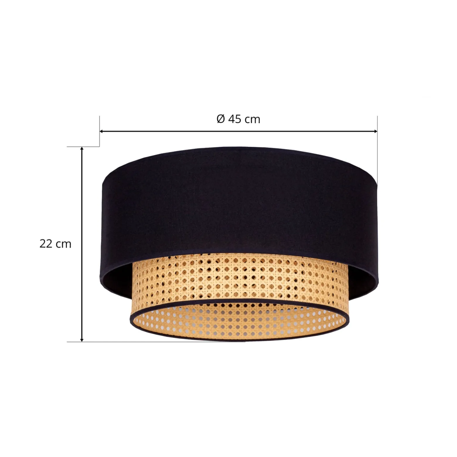 Deckenlampe Boho, schwarz/holz, Ø 45 cm, Textil/Rattan