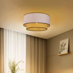 Deckenlampe Boho, weiß/holz/schwarz, Ø 45 cm, Textil/Rattan
