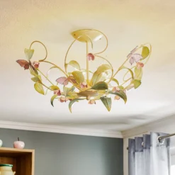 Deckenlampe BUTTERFLY, creme/grün/rosé, Edelstahl, 5-flammig