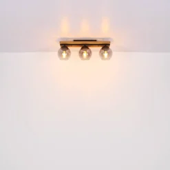 Deckenlampe Conni, Länge 60 cm, rauchgrau, Holz/Glas, 3-flg.