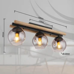 Deckenlampe Conni, Länge 60 cm, rauchgrau, Holz/Glas, 3-flg.