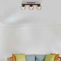 Deckenlampe Conni, Länge 60 cm, rauchgrau, Holz/Glas, 3-flg.
