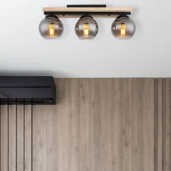Deckenlampe Conni, Länge 60 cm, rauchgrau, Holz/Glas, 3-flg.