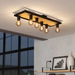Deckenlampe Consett, schwarz/braun, Holz, 78 cm, 6-flg., E27