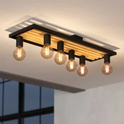 Deckenlampe Consett, schwarz/braun, Holz, 78 cm, 6-flg., E27