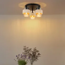 Deckenlampe Daren, 3-flg., beige/amber/schwarz, Ø 38 cm, E27