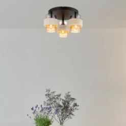 Deckenlampe Daren, 3-flg., beige/amber/schwarz, Ø 38 cm, E27