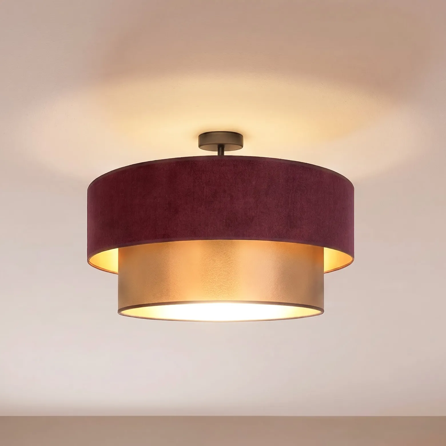 Deckenlampe Dorina, dunkelrot/gold, Ø 60 cm, Textil, E27