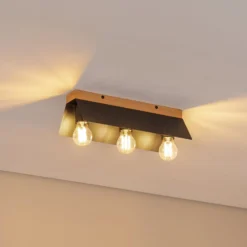 Deckenlampe Esme, schwarz, Länge 40 cm, Metall/Holz, 3-flg.