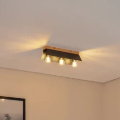 Deckenlampe Esme, schwarz, Länge 40 cm, Metall/Holz, 3-flg.