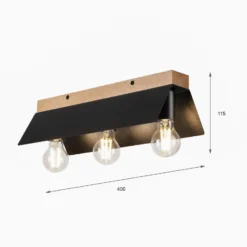 Deckenlampe Esme, schwarz, Länge 40 cm, Metall/Holz, 3-flg.