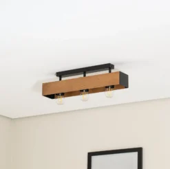 Deckenlampe Miluza, schwarz/braun, Länge 57 cm, Holz, 3-flg.