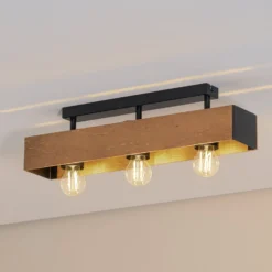 Deckenlampe Miluza, schwarz/braun, Länge 57 cm, Holz, 3-flg.