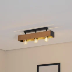 Deckenlampe Miluza, schwarz/braun, Länge 57 cm, Holz, 3-flg.