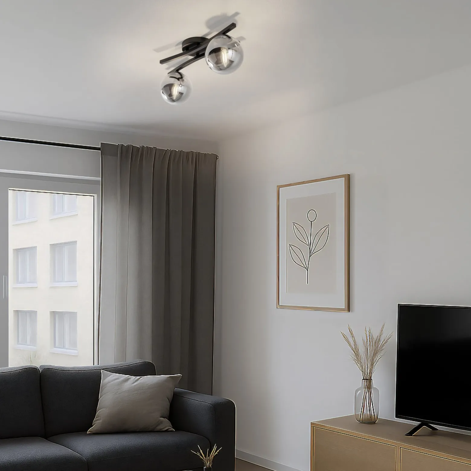 Deckenlampe Opus, Länge 60 cm, rauchgrau/schwarz, 2-flg.