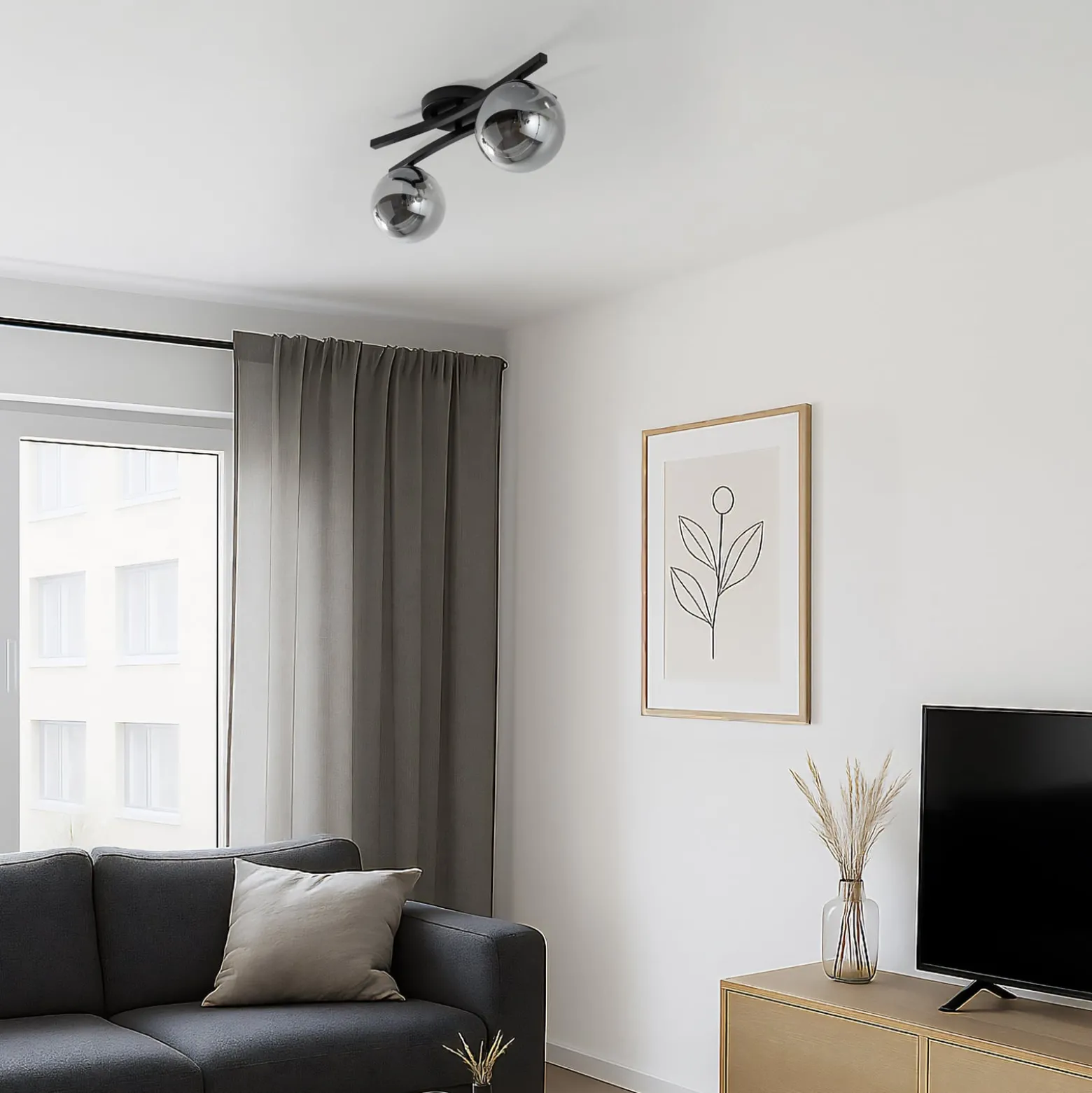 Deckenlampe Opus, Länge 60 cm, rauchgrau/schwarz, 2-flg.
