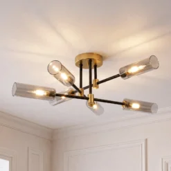 Deckenlampe Tessa, rauchgrau/schwarz/messing, Glas, G9