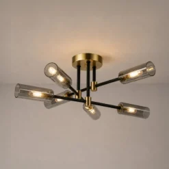 Deckenlampe Tessa, rauchgrau/schwarz/messing, Glas, G9