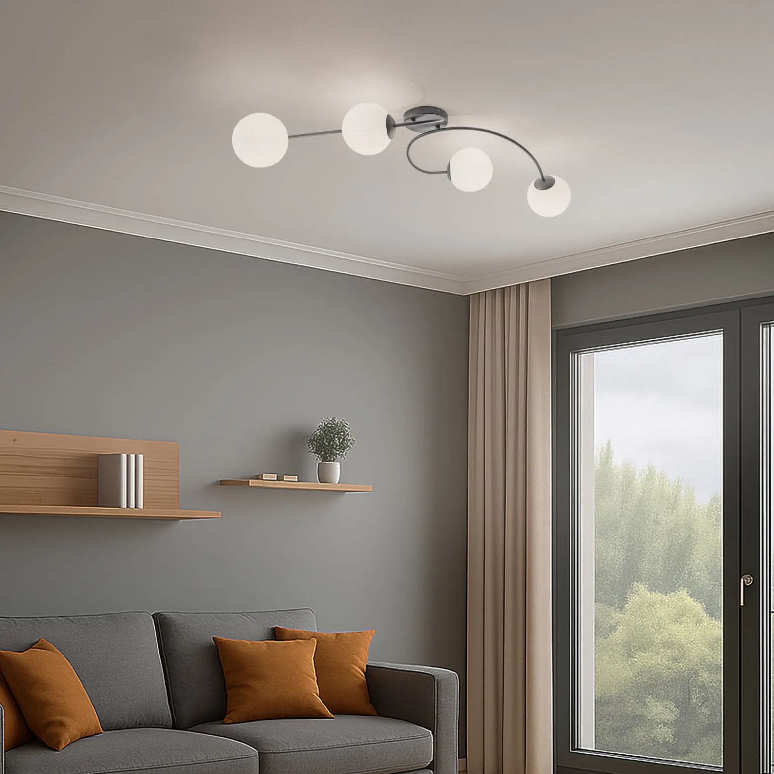 Deckenlampe Vibra, opal/schwarz, Länge 110 cm, Glas, 4-flg.