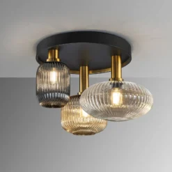 Deckenleuchte Norma, Ø 56 cm, 3-flg., schwarz/messing, Glas