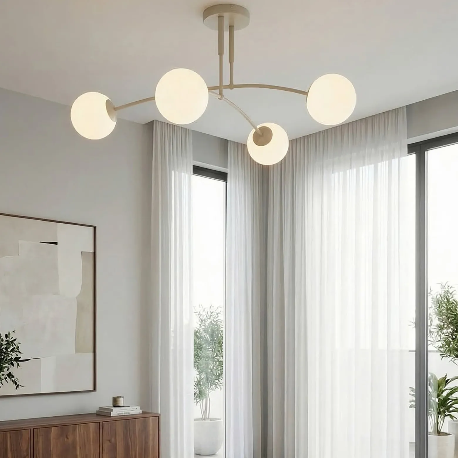 Deckenleuchte Pregos, beige, Ø 60 cm, 4-flg., Metall/Glas