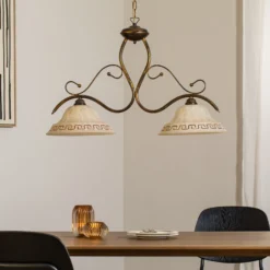 Hängelampe BILIARDO GIORGIO, creme/bronze, Glas/Eisen 2-flg.