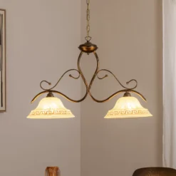 Hängelampe BILIARDO GIORGIO, creme/bronze, Glas/Eisen 2-flg.