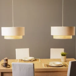 Hängelampe Boho, ecru/holz, 2-flammig, Textil/Rattan