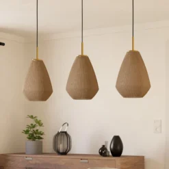 Hängelampe Caprarola, Länge 90 cm, sandfarben, 3-flg., Glas