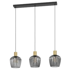 Hängelampe Empoli, Länge 90 cm, schwarz/messingfarben 3-flg.