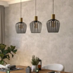 Hängelampe Empoli, Länge 90 cm, schwarz/messingfarben 3-flg.