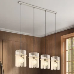 Hängelampe Gorley, weiß/sand, 4-flg., 110 cm, Glas, E27