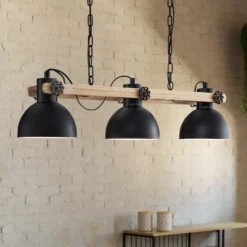 Hängelampe Lubenham, schwarz/holz hell, Länge 90 cm, 3-flg.