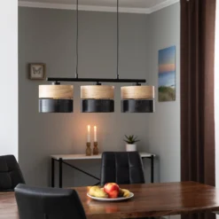 Hängelampe Nicol, schwarz/Holzoptik, 70x20 cm 3-flg. 3 x E27