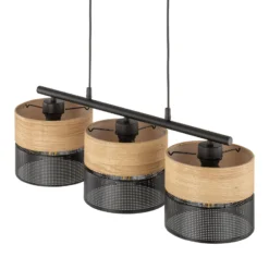 Hängelampe Nicol, schwarz/Holzoptik, 70x20 cm 3-flg. 3 x E27