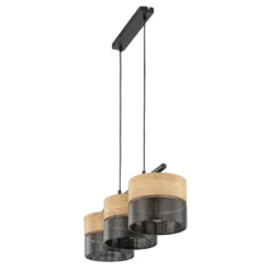 Hängelampe Nicol, schwarz/Holzoptik, 70x20 cm 3-flg. 3 x E27