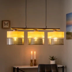Hängelampe Nicol, schwarz/Holzoptik, 70x20 cm 3-flg. 3 x E27
