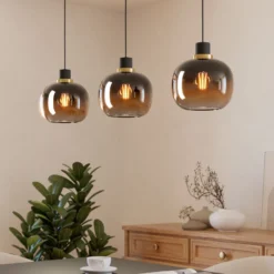 Hängelampe Oilella, schwarz-braun, Länge 95 cm, Glas, 3-flg.