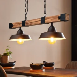 Hängelampe Oldbury, schwarz/holz dunkel, Länge 86 cm, 2-flg.