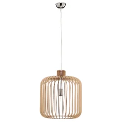 Hängelampe Paz chrom, Holzlamellen-Zylinder Ø 45cm