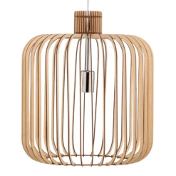 Hängelampe Paz chrom, Holzlamellen-Zylinder Ø 45cm